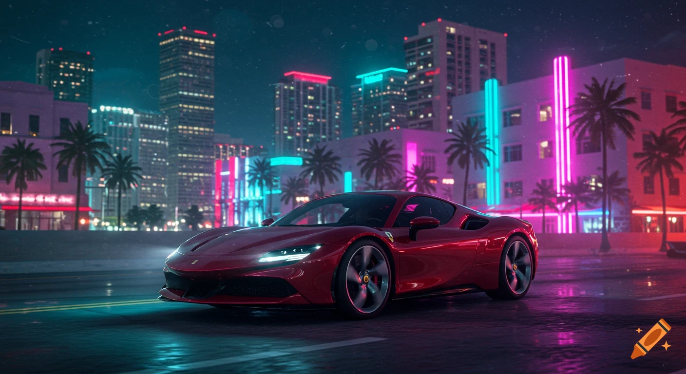 A red Ferrari SF90 drives on a wet city street at night, with neon-lit buildings and palm trees in the background, in a photorealistic style.
