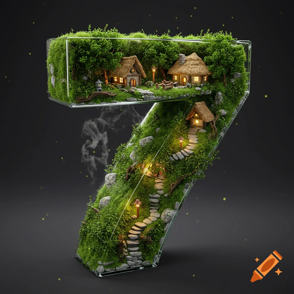 A miniature world terrarium shaped like the number 7, with lush forest, tiny village houses, stone paths, and glowing lanterns.