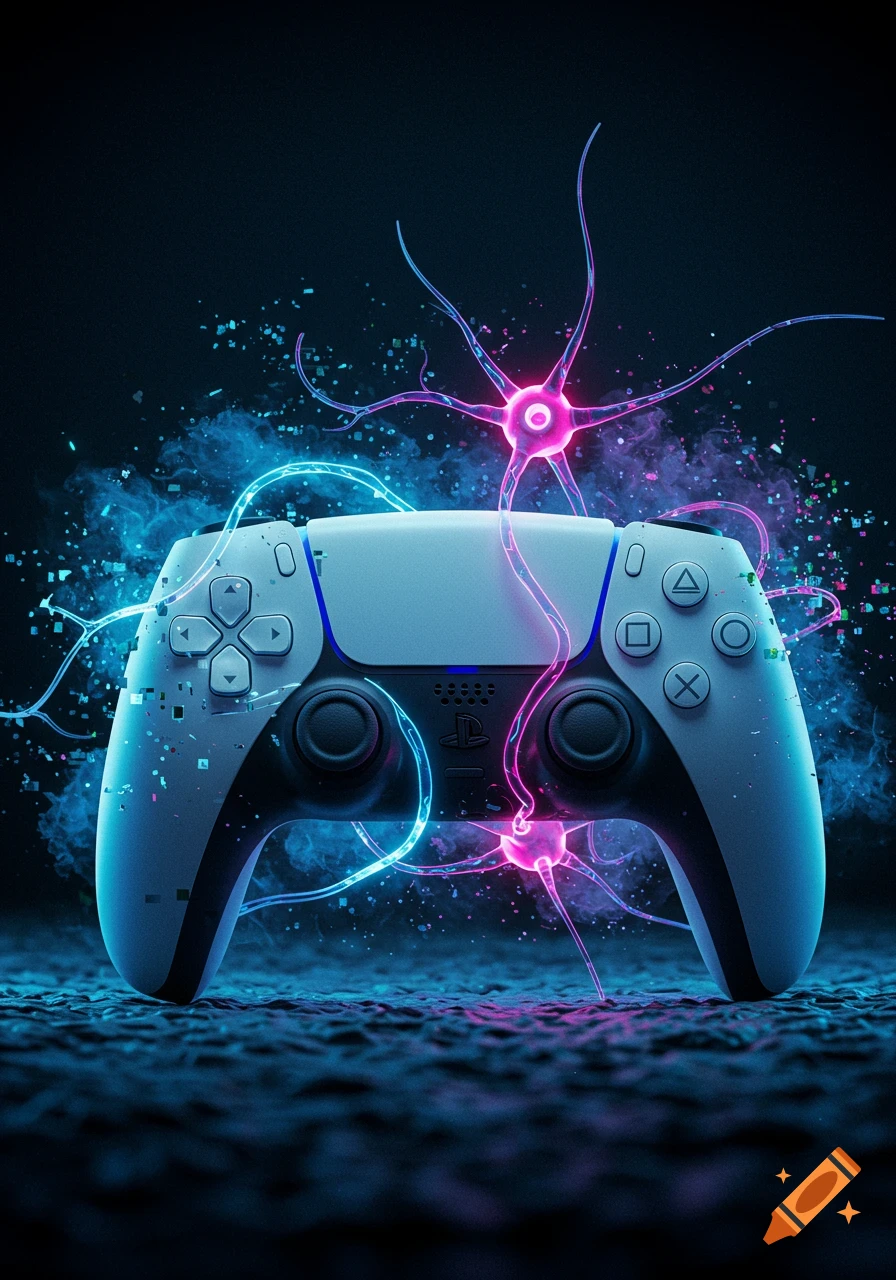 Stylized PS5 controller with glowing blue and pink neon lights, surrounded by neuron-like tendrils and digital particles against a dark background.