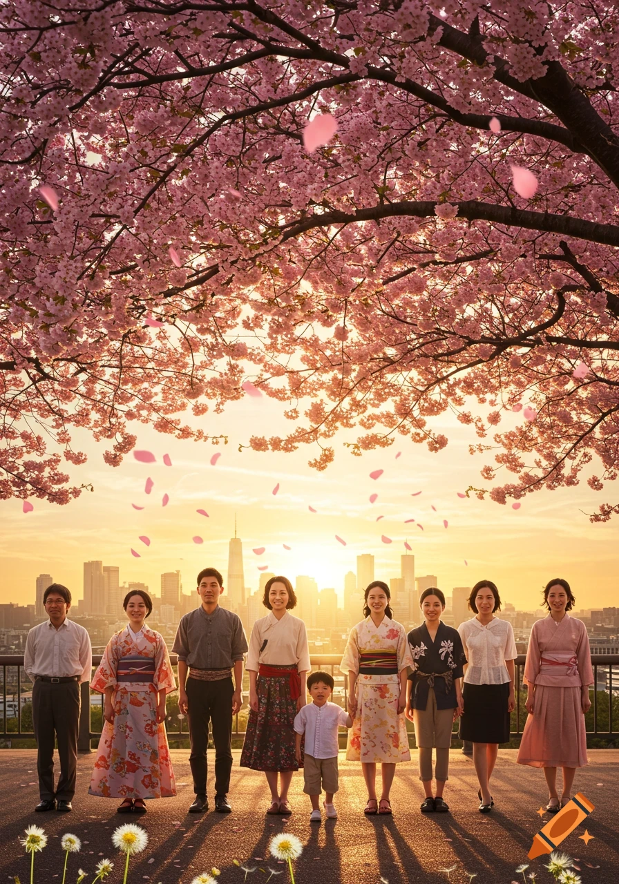 A group of people and a child in traditional attire stand under pink cherry blossom trees, with a city skyline at sunset.