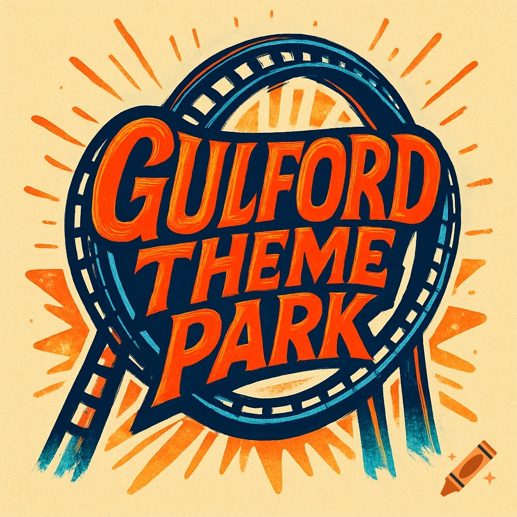 A vibrant, illustrative logo for 'Gulford Theme Park' featuring orange text on a dark blue roller coaster track outline against a light background.