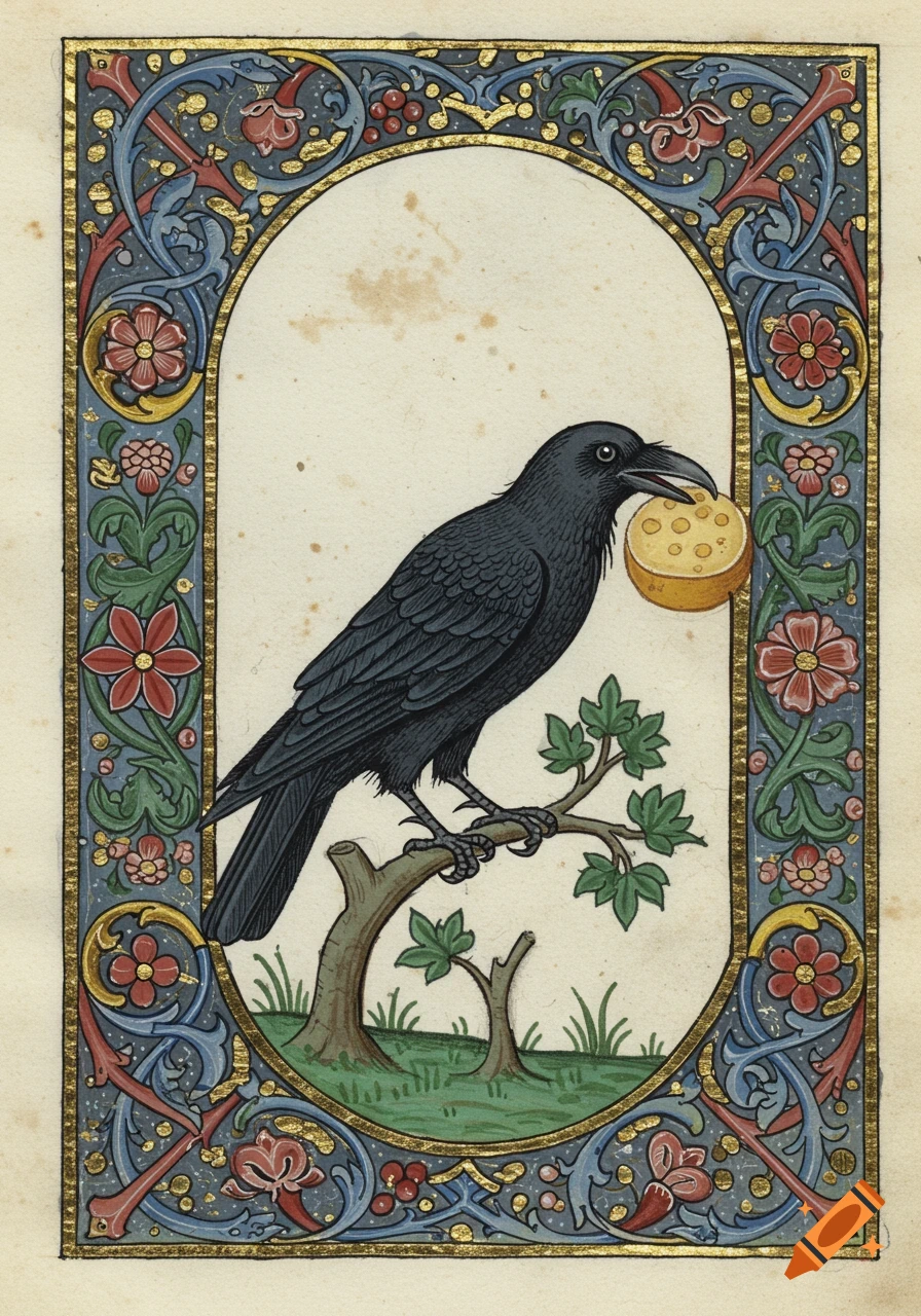 A medieval illumination of a black crow perched on a branch, holding a golden cheese in its beak, surrounded by ornate floral borders.