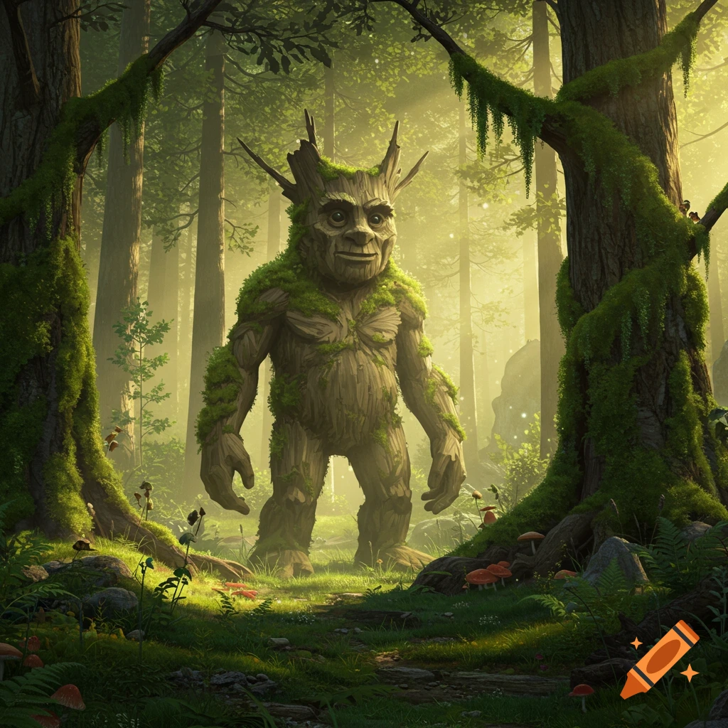 A large, moss-covered, tree-like troll stands on a path in a lush, sunlit, ancient forest.