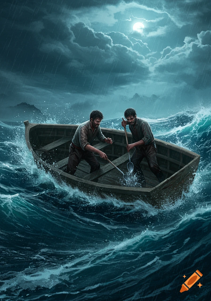 Two men in a small boat desperately bail water with spoons on a stormy, moonlit sea. Dramatic digital illustration.