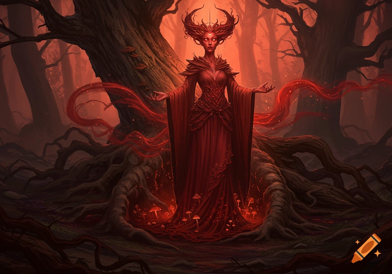 A red-skinned goddess with horns and glowing eyes stands in a dark, red-lit fantasy forest with gnarled trees and glowing mushrooms.