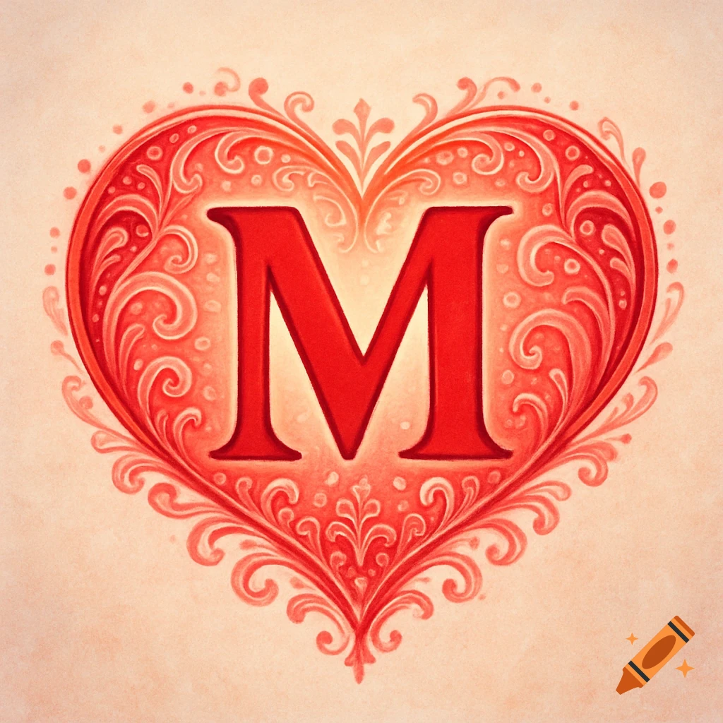 A red ornate letter M surrounded by a decorative red heart on a light background.