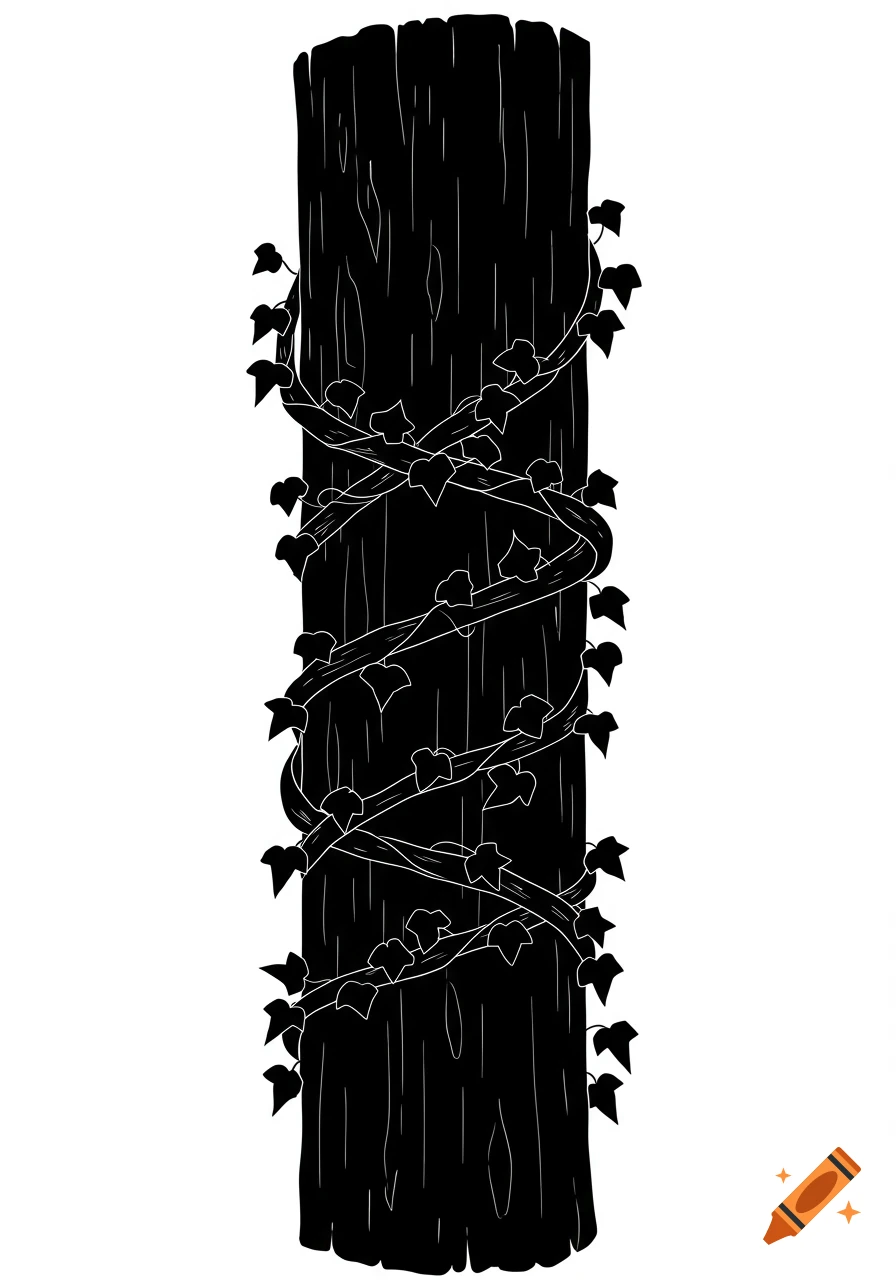 A black silhouette graphic of a wood log with ivy vines wrapped around it on a white background.