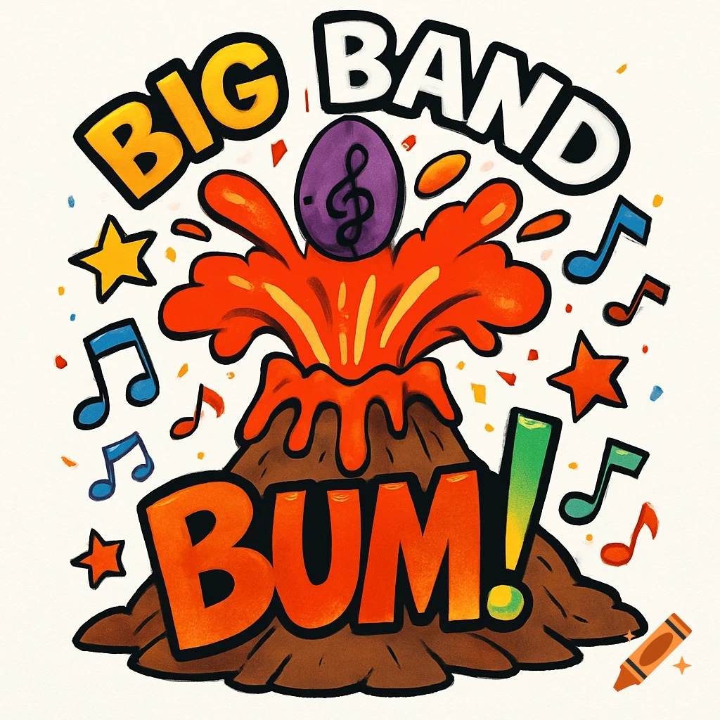Colorful cartoon illustration of an erupting volcano with musical notes and stars, with the text 'BIG BAND' above and 'BUM!' below.