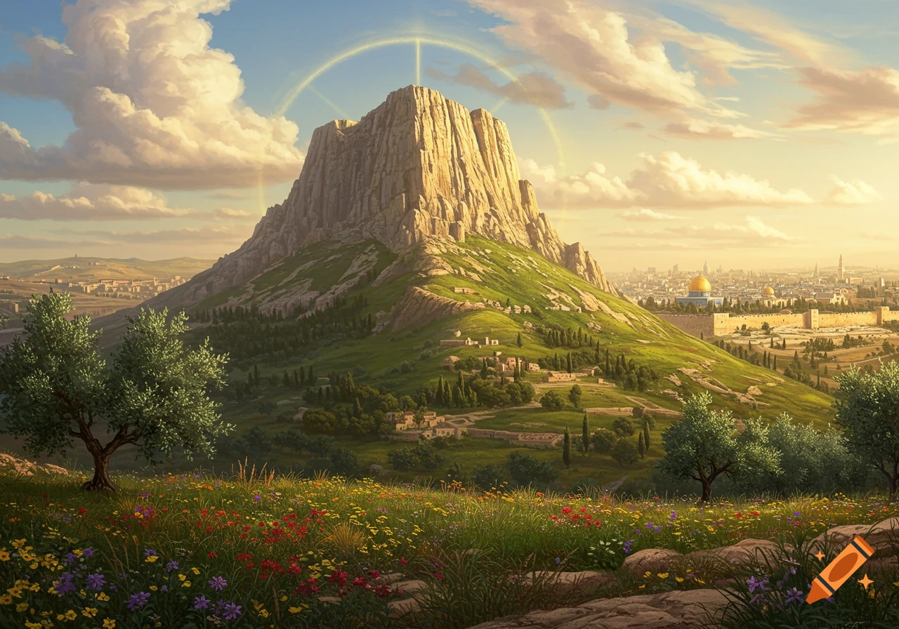 Majestic Mount Zion overlooks ancient Jerusalem, featuring the Dome of the Rock, green hills, wildflowers, and olive trees under a radiant sky.