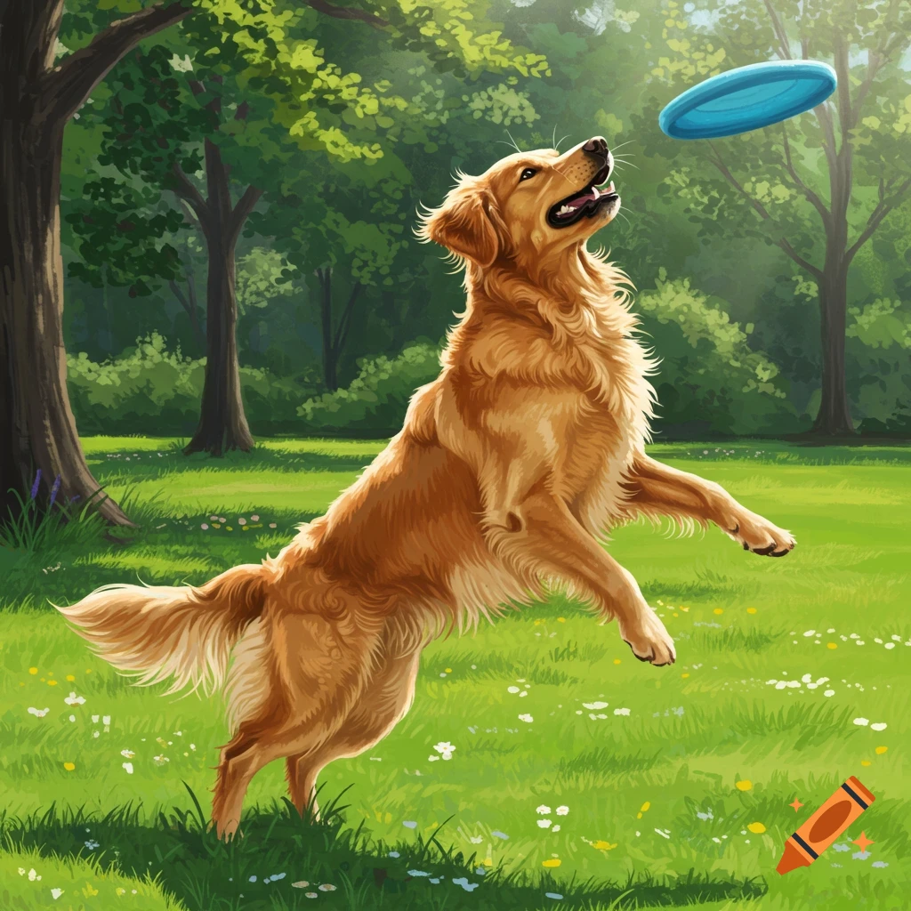 A golden retriever leaps to catch a blue frisbee in a sunny park, painted in a stylized art style.