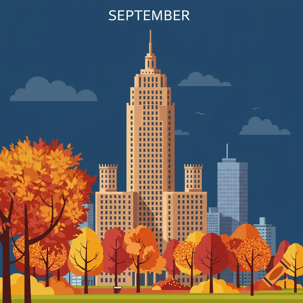 Flat illustration of a city skyline with autumn trees and a large skyscraper, with 'SEPTEMBER' at the top.