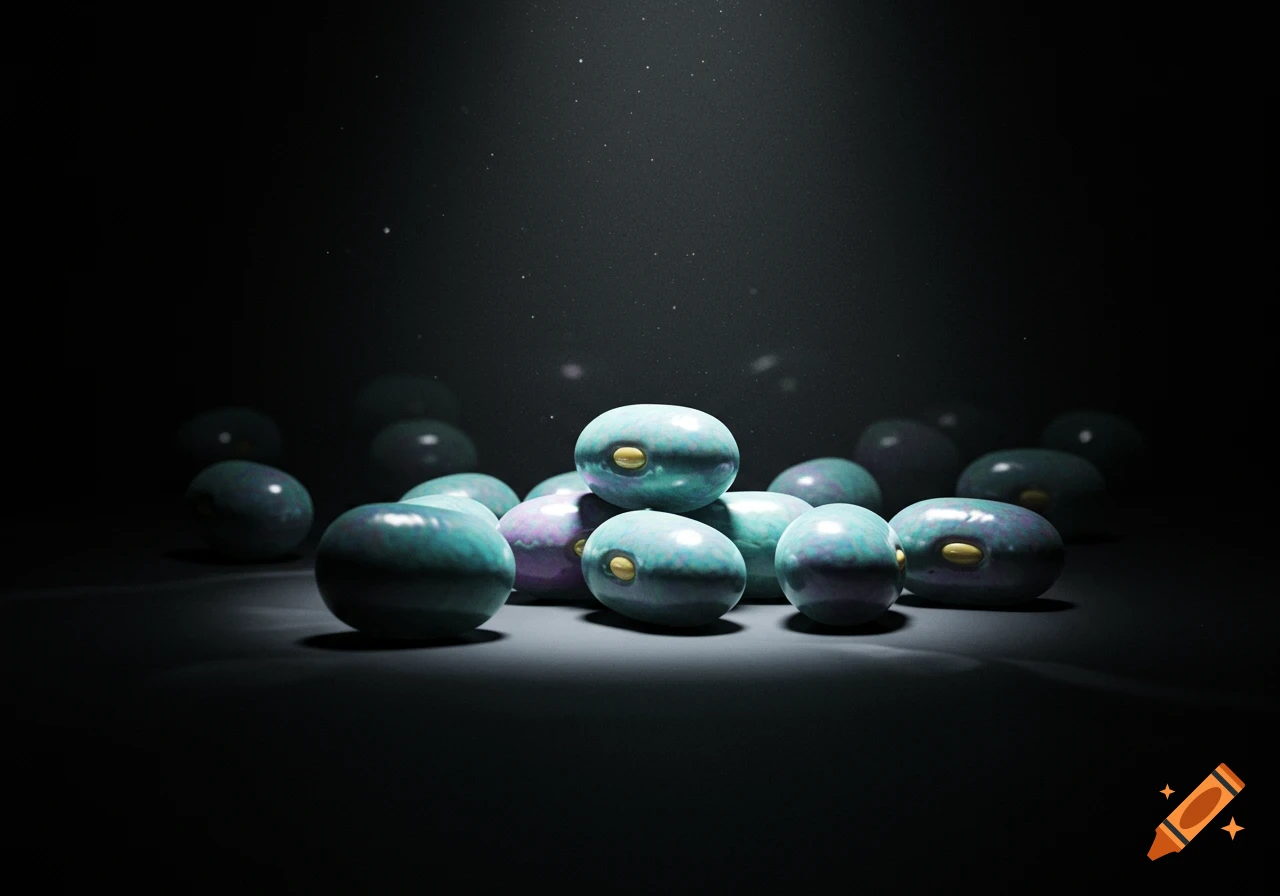 Shiny, multi-colored bean-like objects are spotlighted in a dark, abstract 3D render.