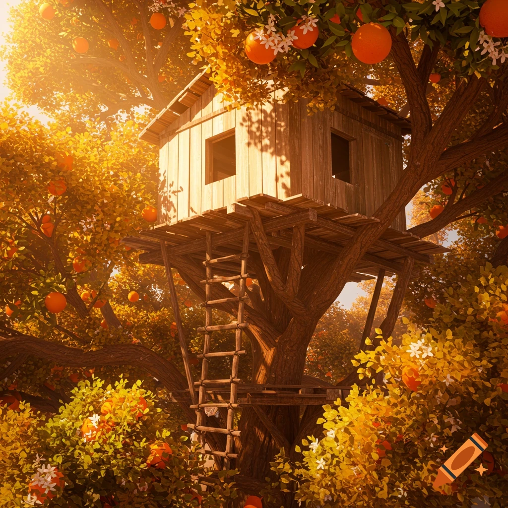 A rustic wooden treehouse nestled high in a vibrant orange tree, bathed in warm sunlight.