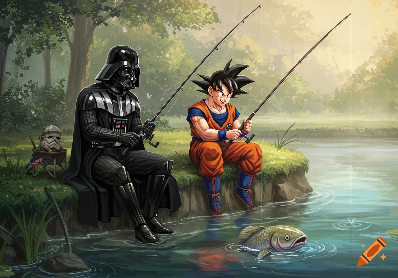 Darth Vader and Goku are fishing together by a river in a lush forest, with a fish in the water and a stormtrooper helmet in a bucket nearby, in a cartoon style.
