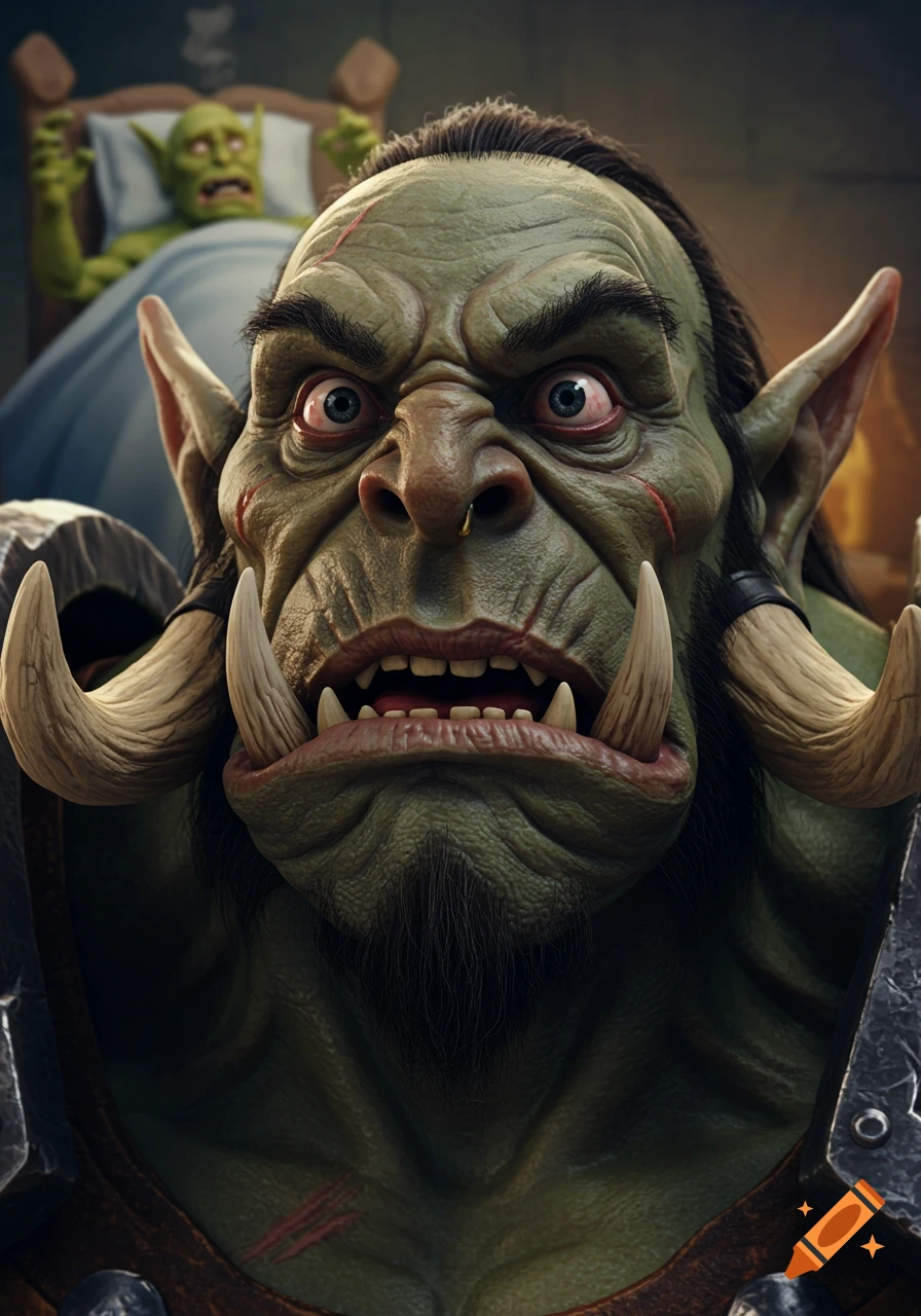 A hyper-realistic close-up portrait of a green orc with wide, confused eyes and tusks. A sick goblin lies in a bed in the blurred background.