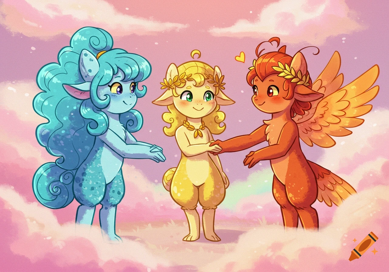 Three cute, colorful cartoon mythical creatures, blue, yellow, and orange, shaking hands in pink and purple clouds.
