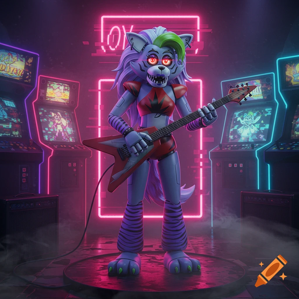 Roxanne Wolf animatronic from Five Nights at Freddy's playing a red electric guitar in a neon-lit arcade.