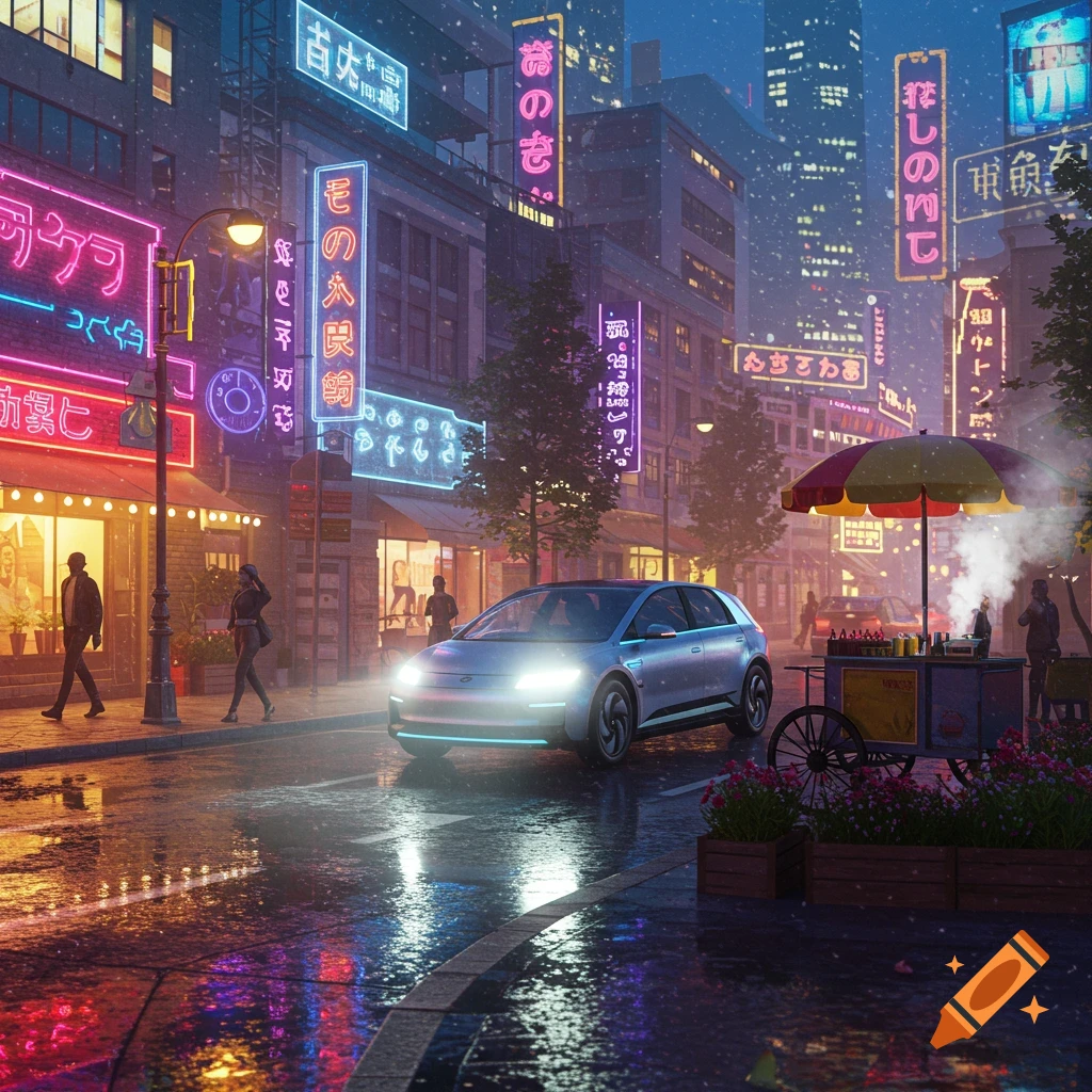 A futuristic city street at night, with a sleek car, neon signs, and pedestrians on wet pavement.