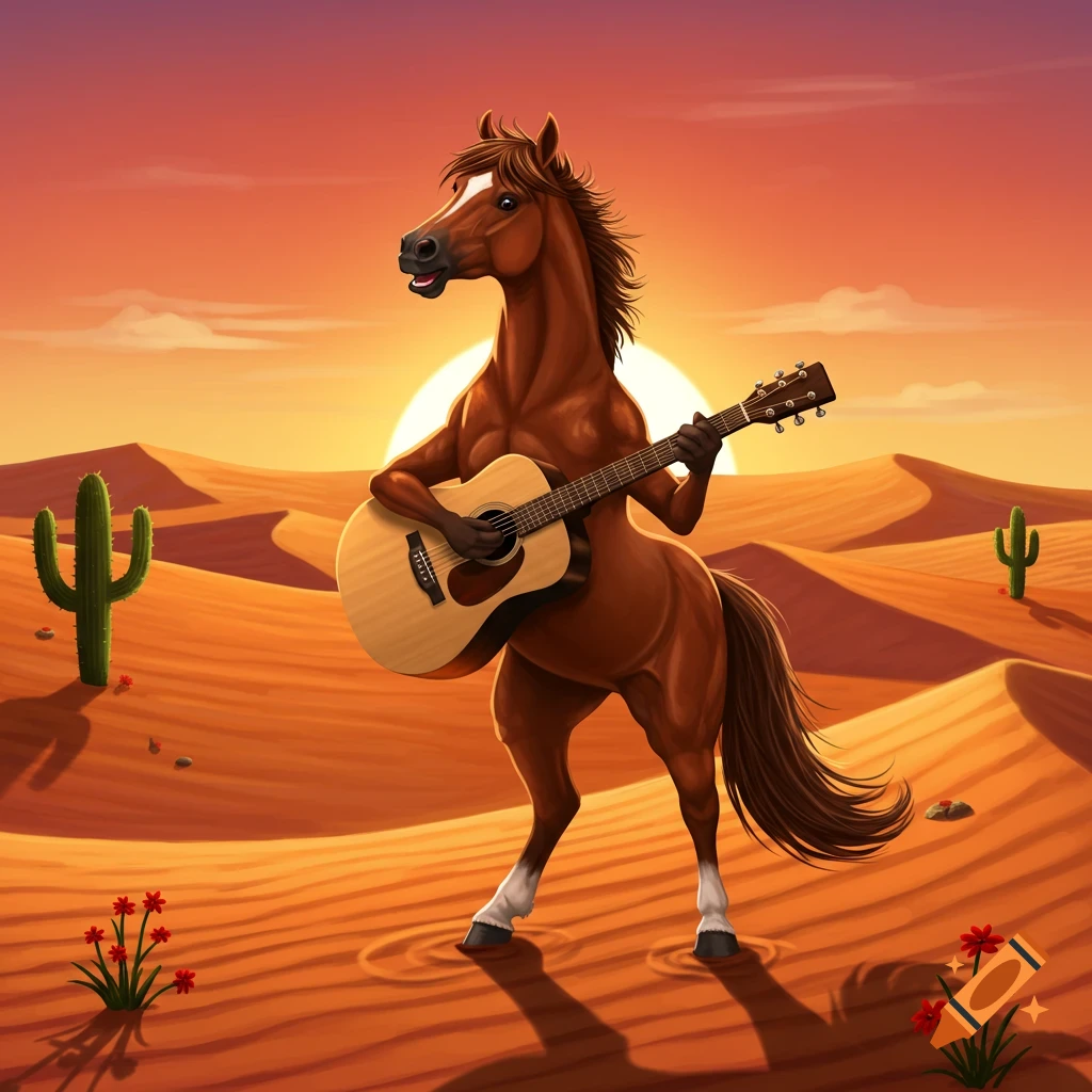 A cartoon horse with human-like arms plays an acoustic guitar in a vibrant desert landscape at sunset.