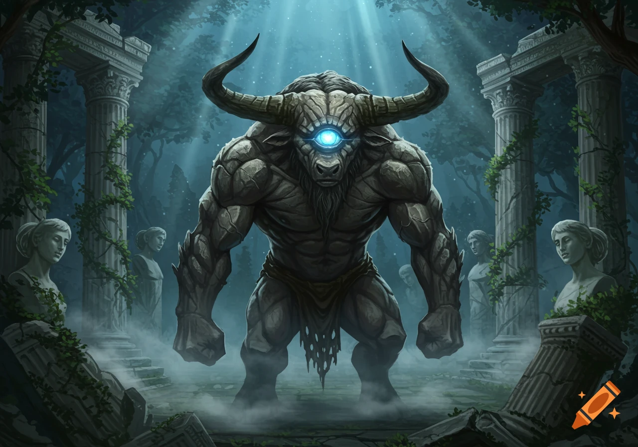 A formidable, stone-like cyclops-minotaur hybrid stands in ancient, overgrown ruins under eerie blue light.