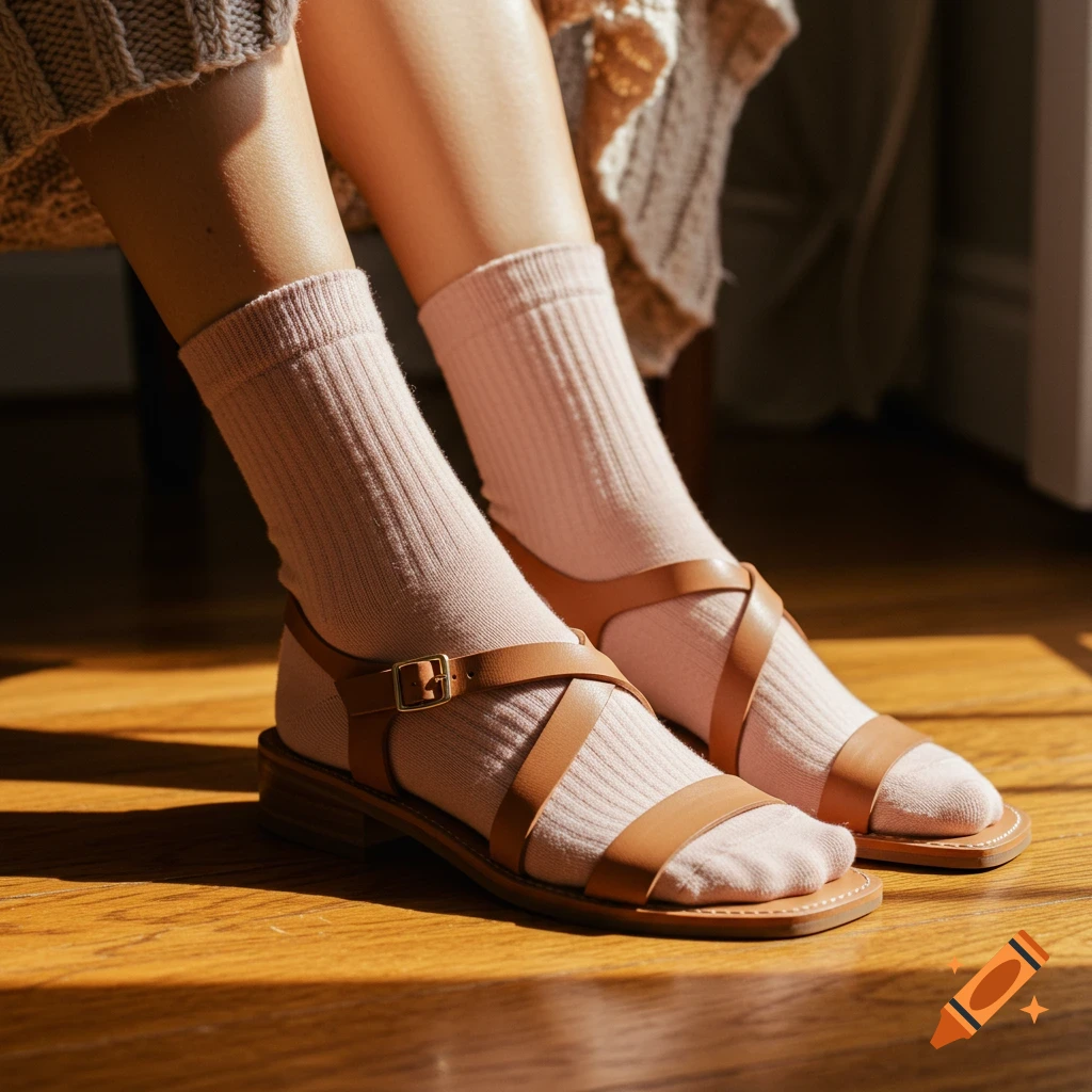 Close-up of a person's legs and feet wearing light pink ribbed socks with brown leather sandals on a sunlit wooden floor. Photorealistic.