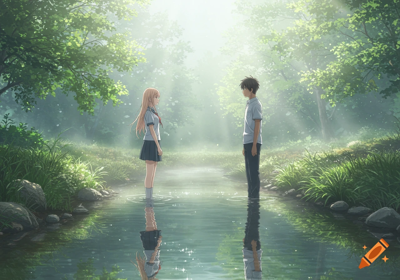Anime illustration of a high school girl and boy standing in a shallow, misty forest stream with sun rays.