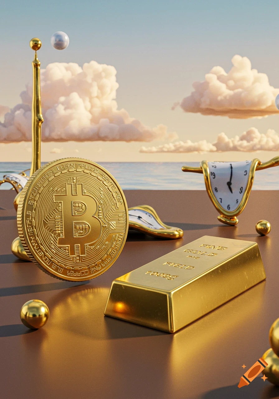 Surreal still life with a golden Bitcoin, a gold bar, and melting clocks on a table by the sea at sunset.