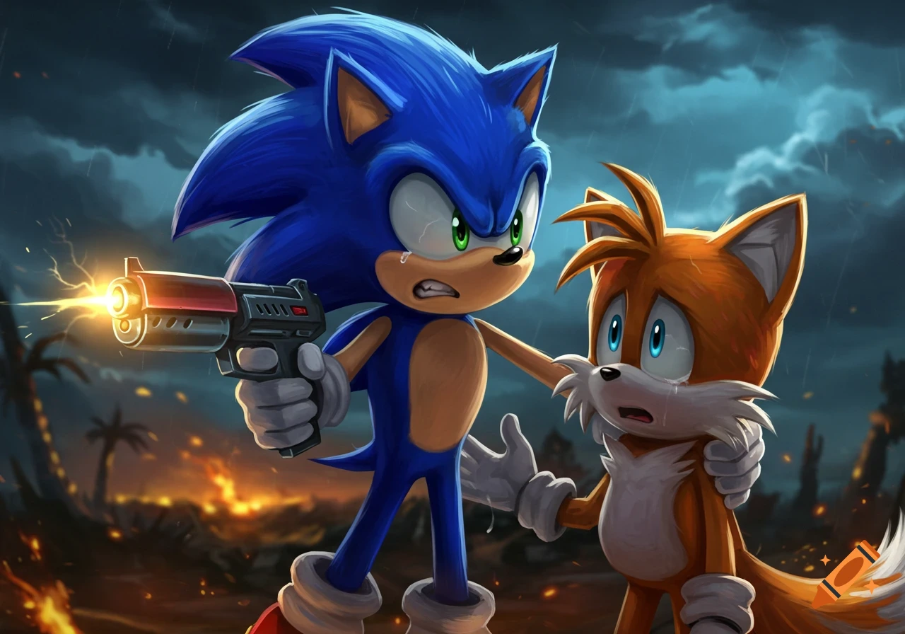 Furious, crying Sonic the Hedgehog points a gun at a terrified Tails the Fox in a burning, rainy digital art scene.