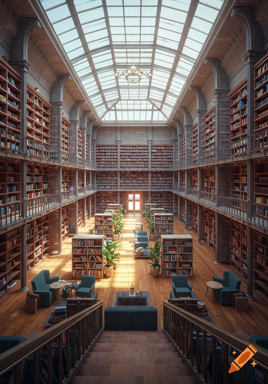 Grand multi-level library with high ceilings, skylight, extensive bookshelves, and comfortable seating areas with plants. Photorealistic.