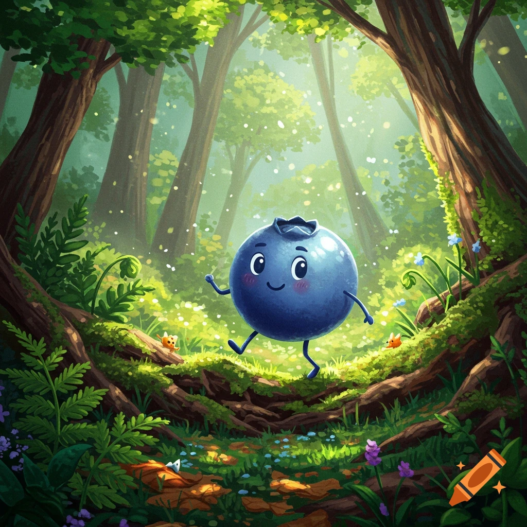 A cute, smiling cartoon blueberry with arms and legs walks through a vibrant, whimsical forest illustration.