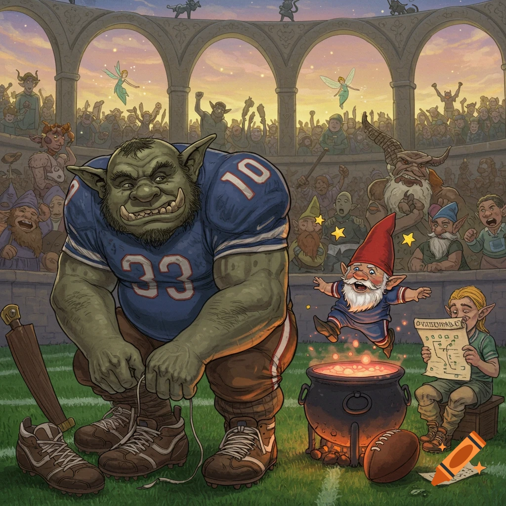 A large green orc in a blue football jersey ties his cleats on a grassy field, surrounded by a crowd of fantasy creatures in a stadium. A gnome jumps excitedly next to a bubbling cauldron and a football, while an elf reads a play diagram. Fairies fly above the cheering crowd.