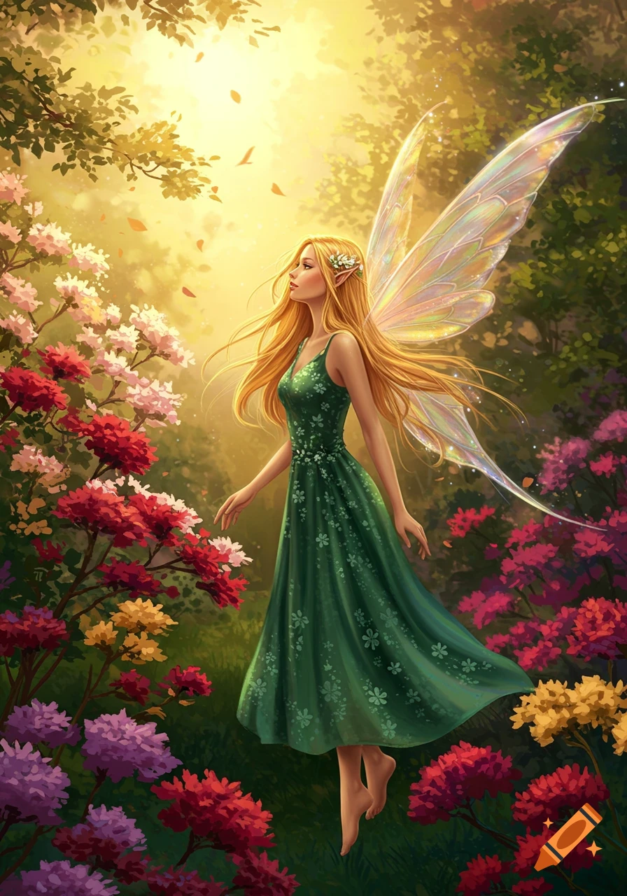 A blonde fairy in a green dress with iridescent wings floats through a sunlit, vibrant flower garden.