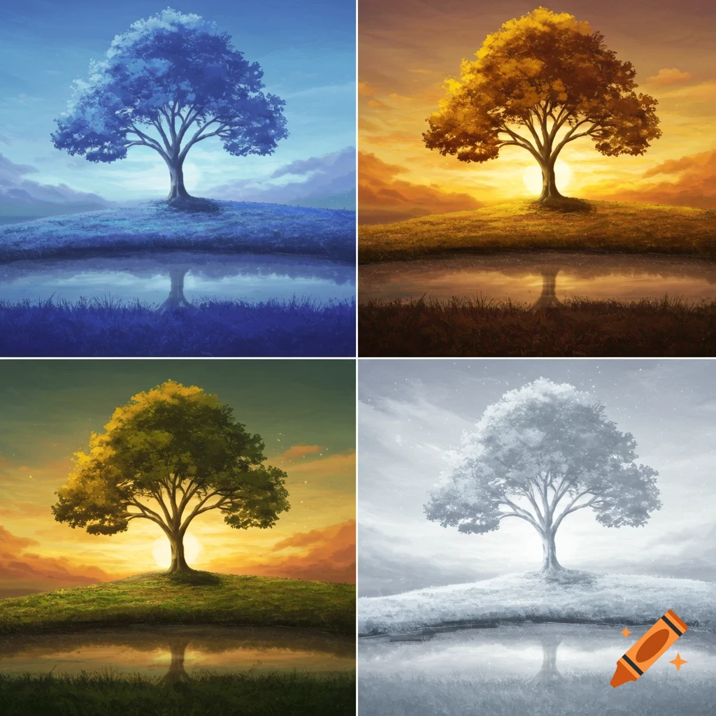 A four-panel image of a single tree on a hill by water, reflected, in blue, golden, green, and gray, representing different seasons or moods in a painterly style.