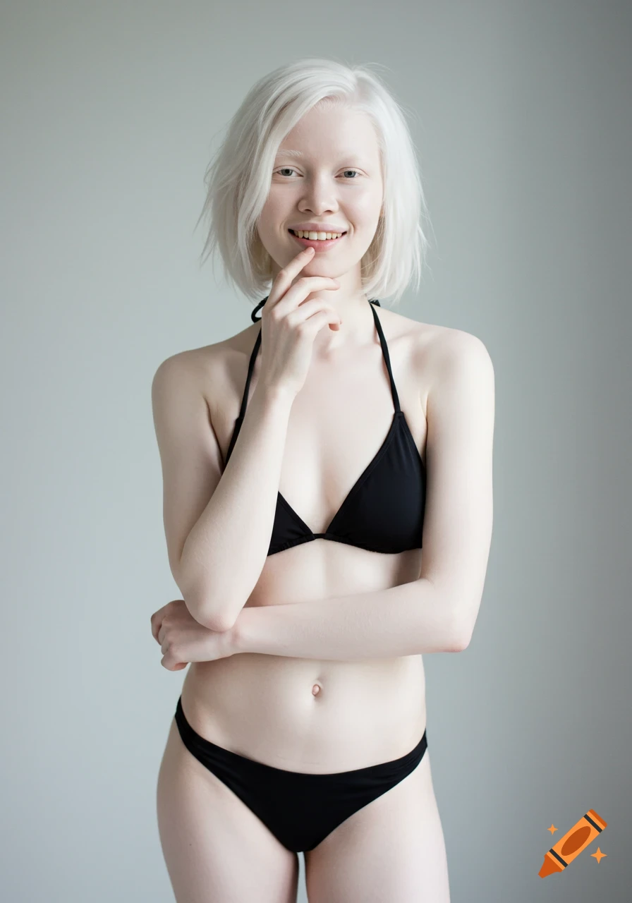 A smiling albino woman model with short white hair, posing in a black bikini, finger on chin, photorealistic.