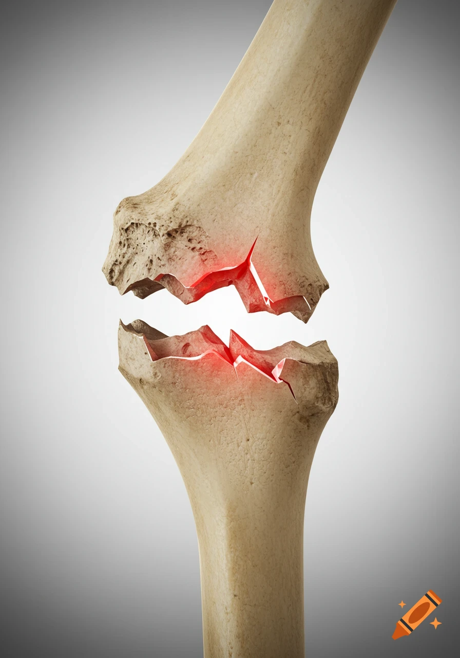 A broken human long bone with red glowing edges against a gray background.