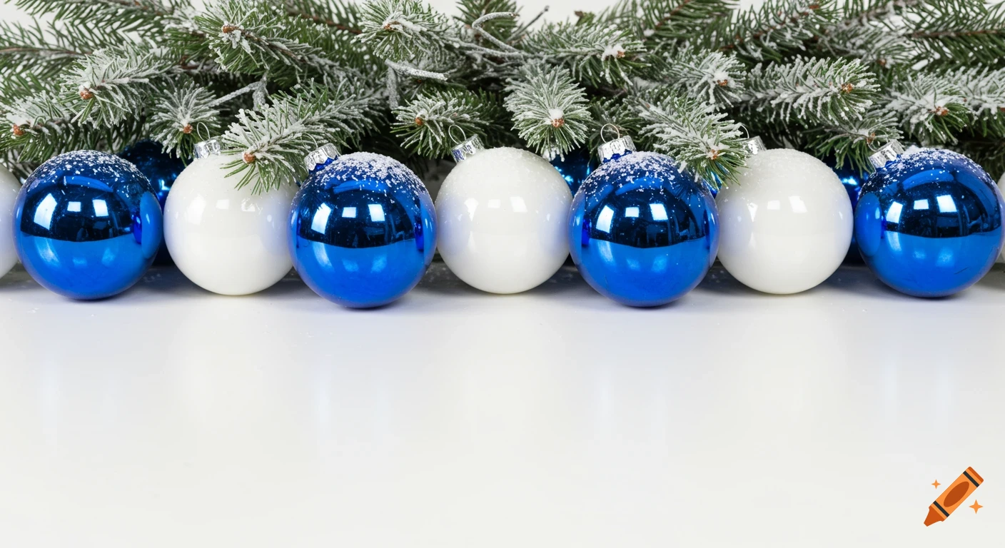 Horizontal arrangement of blue and white Christmas balls and snow-dusted pine branches against a white background.