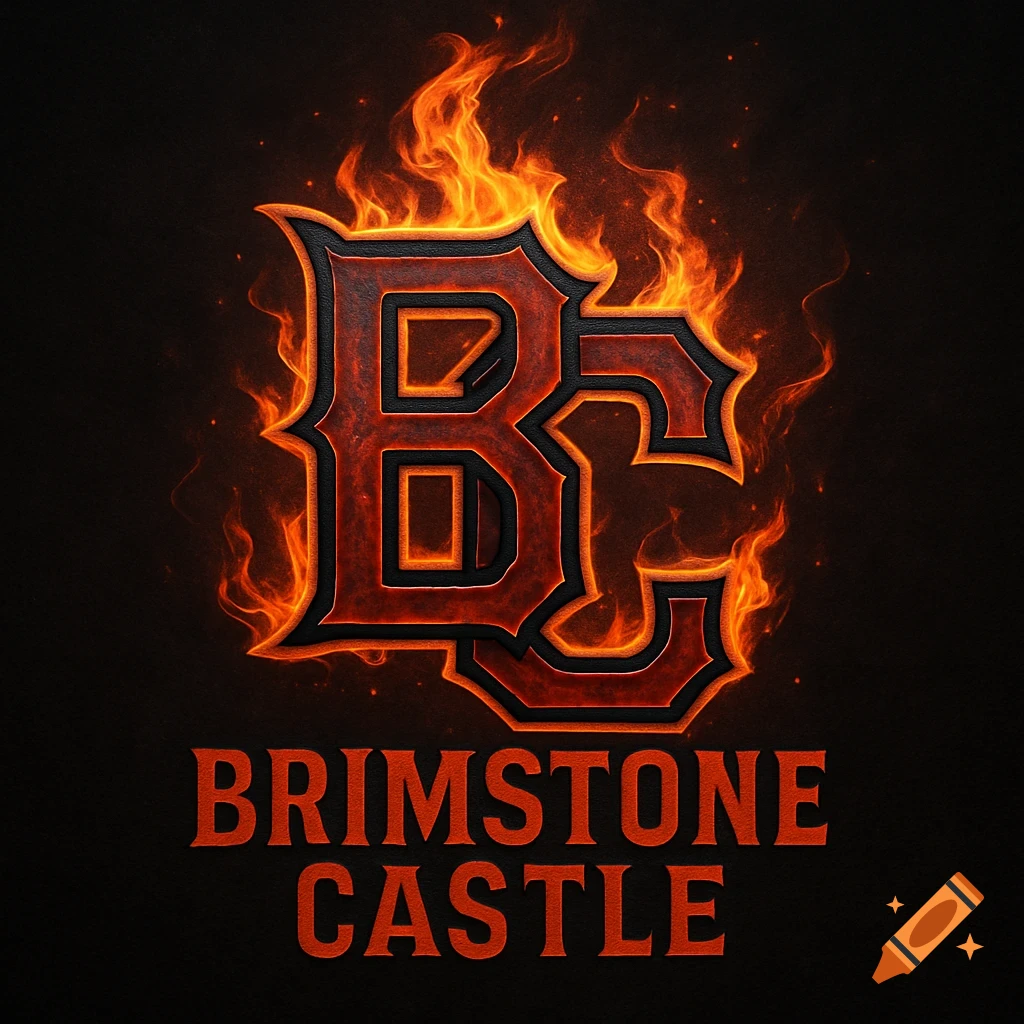 A fiery logo with the stylized letters BC engulfed in flames, above the words BRIMSTONE CASTLE in a matching fiery text on a dark background.