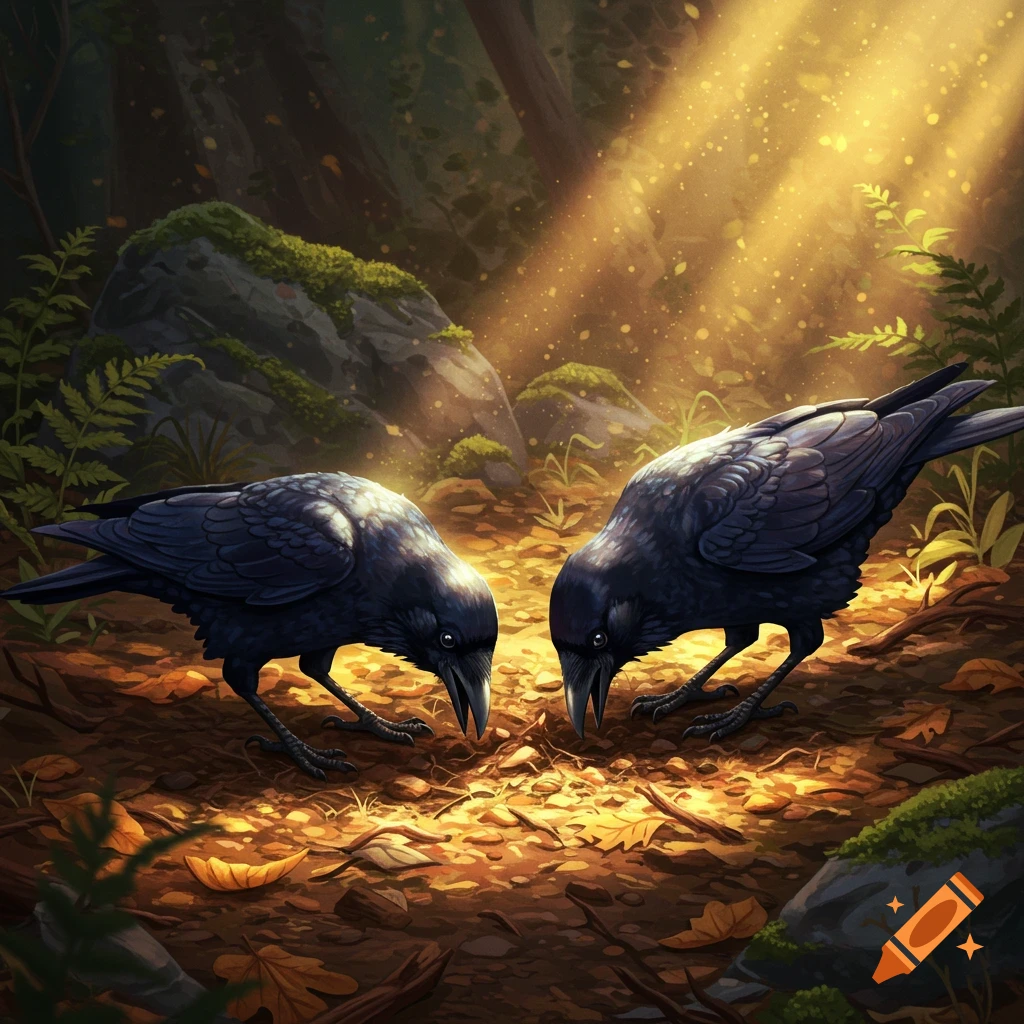 Two black crows forage on a sun-dappled forest floor, surrounded by fallen leaves and rocks. Stylized art.
