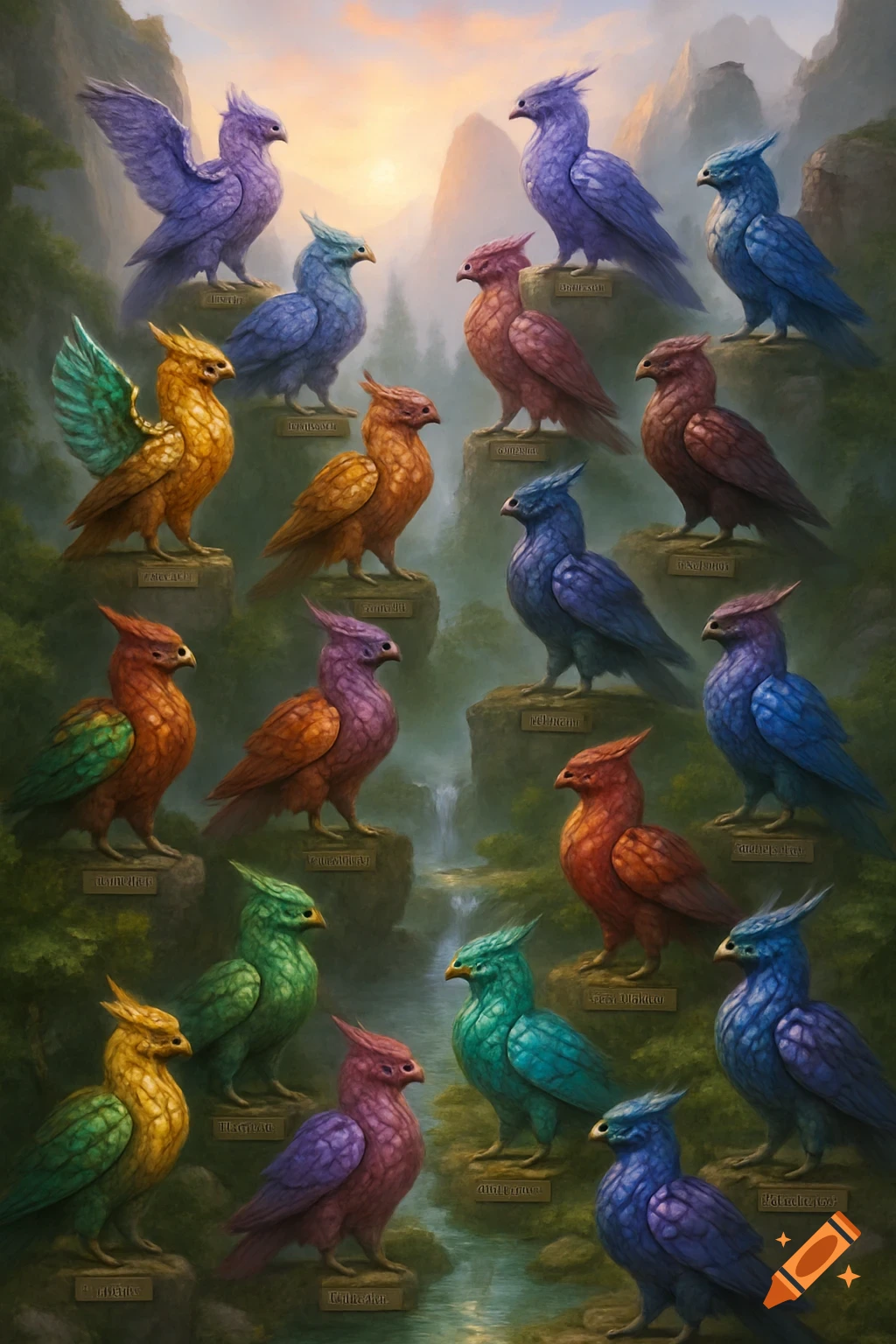 Many colorful, stylized griffin-like birds perched on rocks in a misty, lush mountain landscape at sunset.