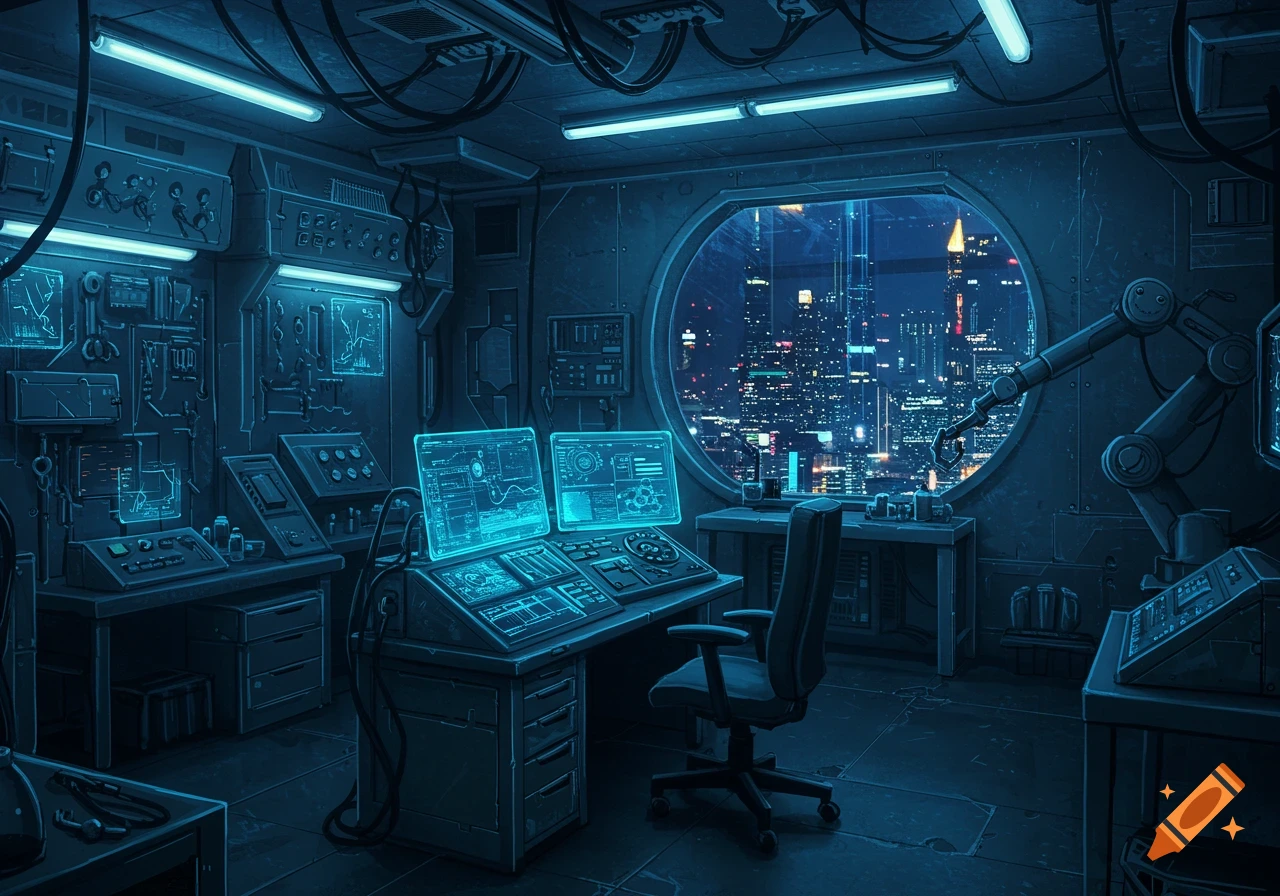 A futuristic technician's lab bathed in blue light, featuring glowing screens, control panels, and a round window overlooking a neon city skyline at night.