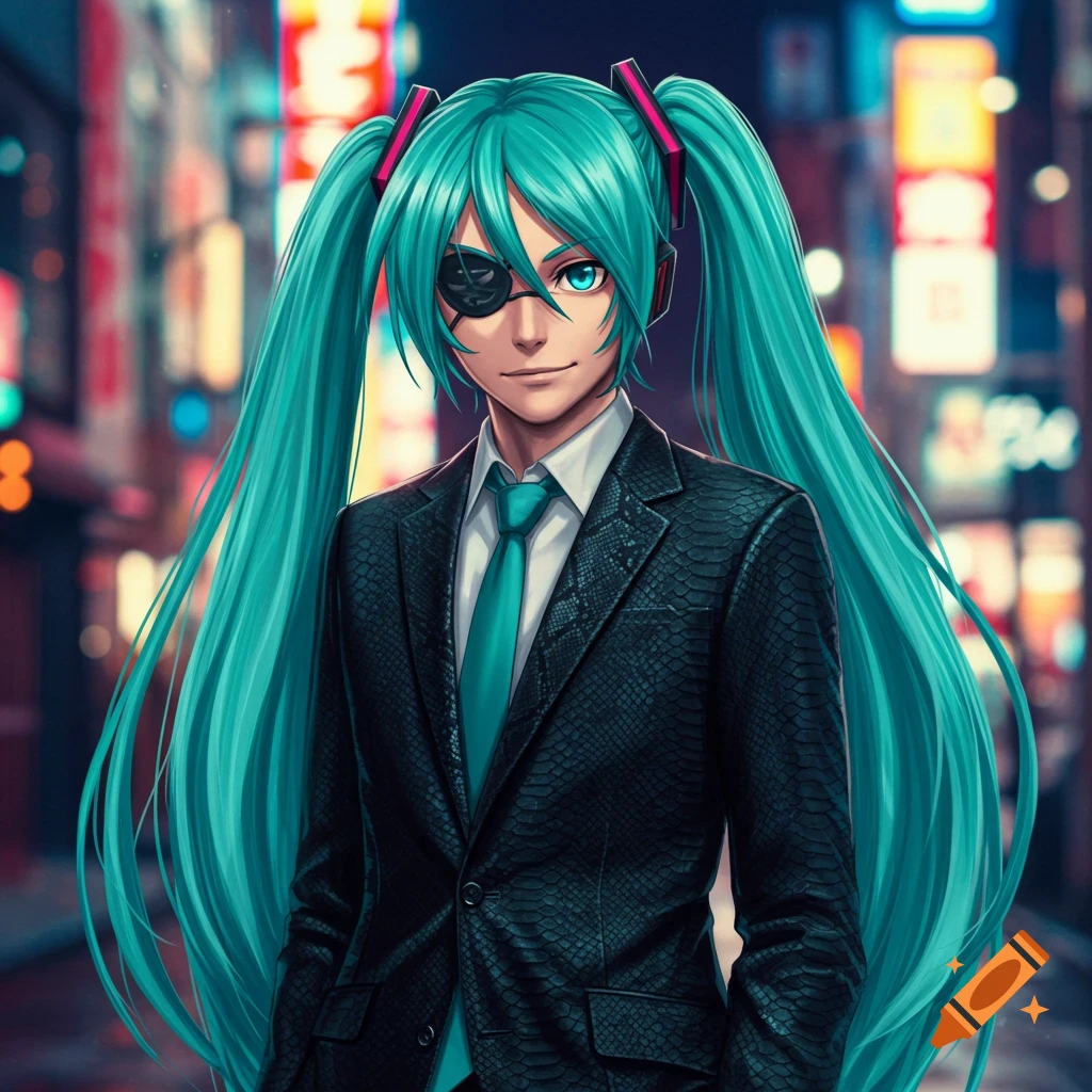 An anime character with long teal pigtails, an eyepatch, and a teal tie stands in a dark suit against a blurred night city background.