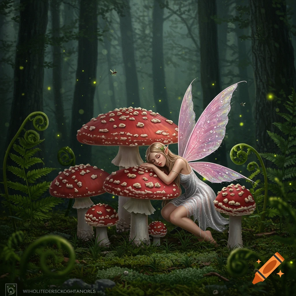 A winged fairy sleeps peacefully on a red and white mushroom in a magical, dark forest with ferns and glowing lights.