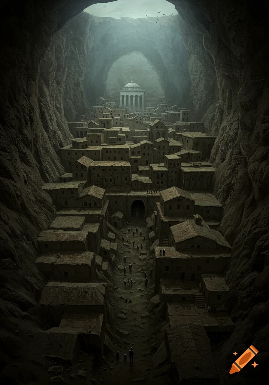 A subterranean city carved into a vast, dark cave, with small houses lining a path leading to a grand temple.