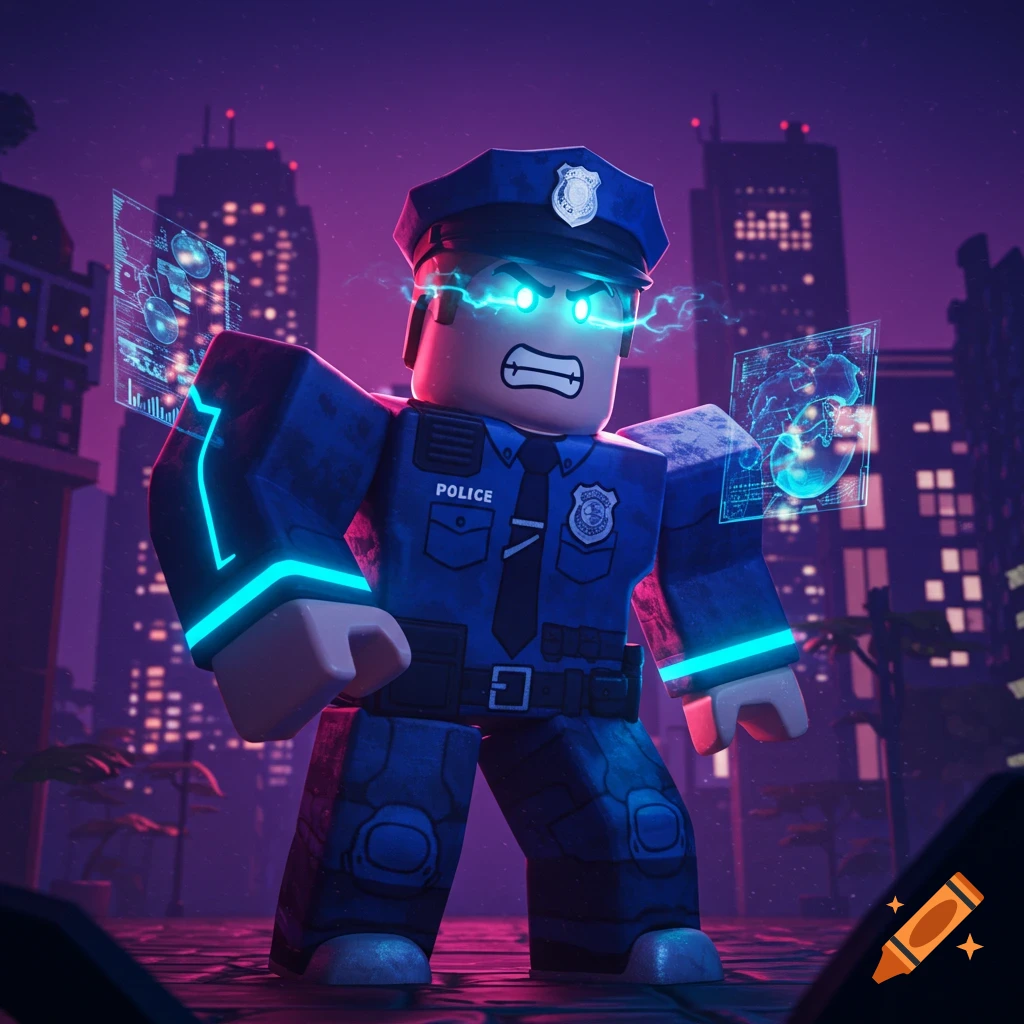 A furious Roblox-style police officer with glowing blue eyes and electrical effects stands in a futuristic city at night.