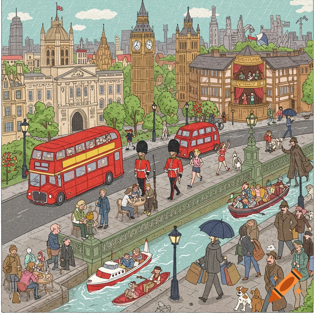 A busy cartoon cityscape of London featuring Big Ben, Houses of Parliament, double-decker buses, people and boats in light rain.