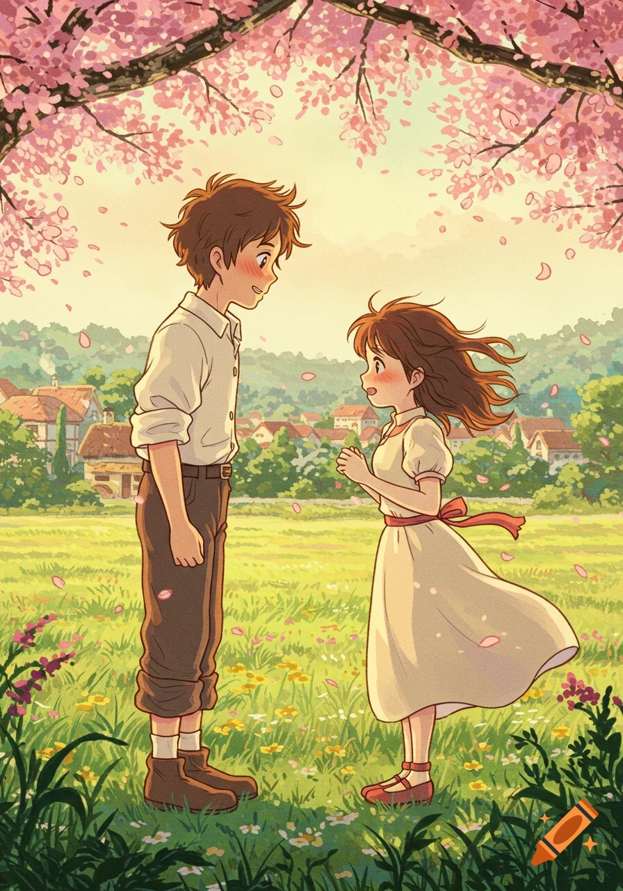 Ghibli-style anime of a boy and girl gazing shyly in a blooming spring field under a cherry blossom tree, with a village.