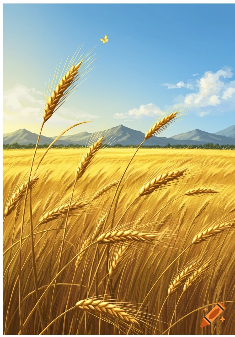 Golden wheat field under a blue sky with distant mountains and a butterfly. Illustration.