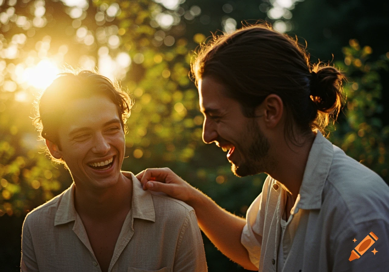 Two young men laugh warmly outdoors, one with his hand on the other's shoulder, at sunset. Candid photography.