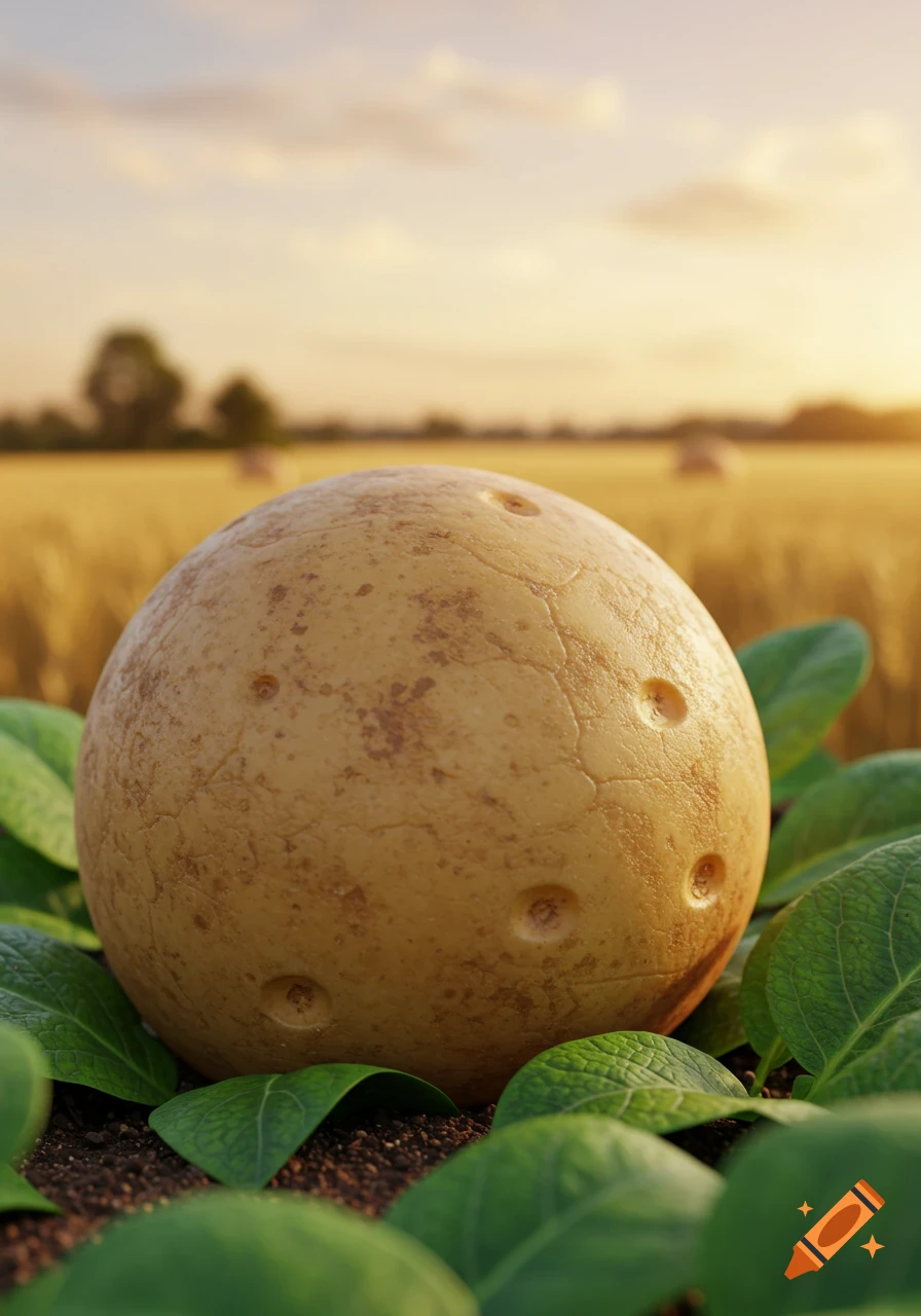 Close-up of a photorealistic potato in a field with green leaves and a sunset sky.