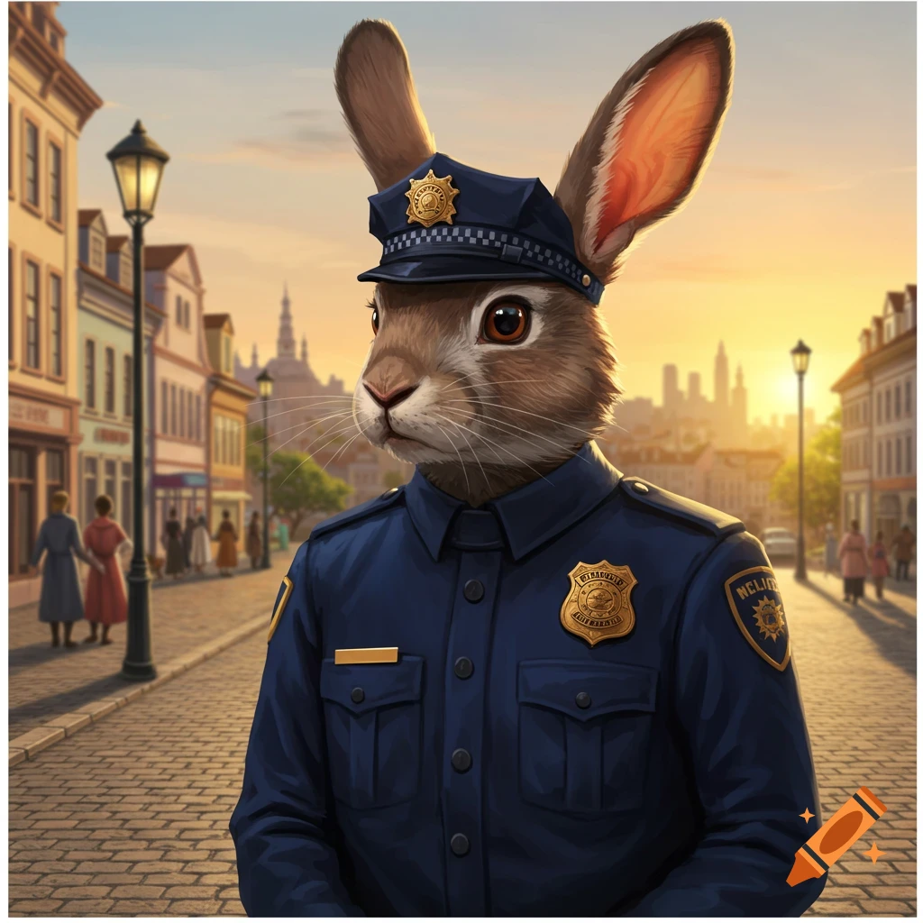 An anthropomorphic rabbit cop in uniform stands on a cobblestone street at sunset, digital art.